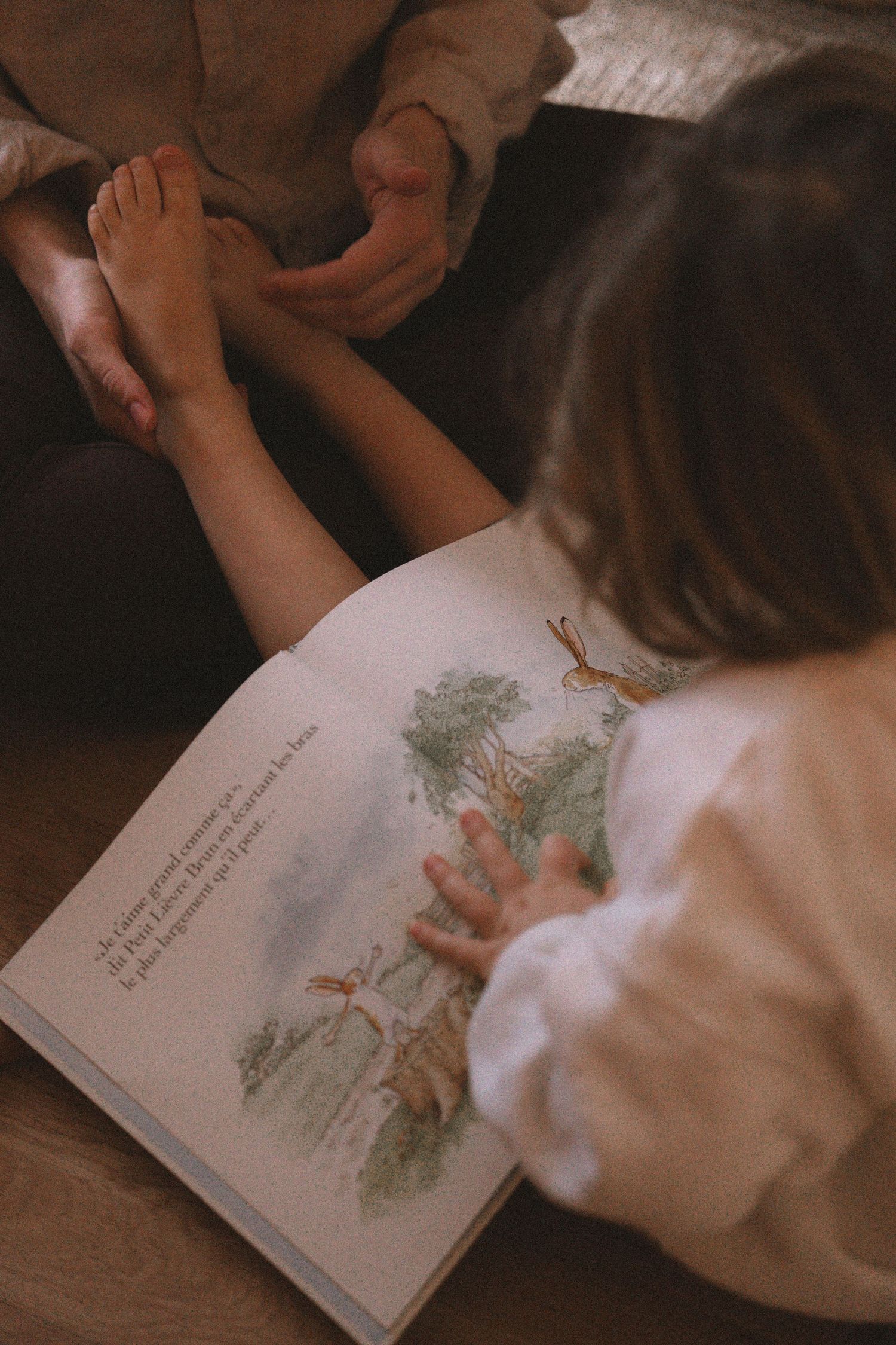 A sequence of images showing hands turning pages in a children's picture book with delicate illustrations.