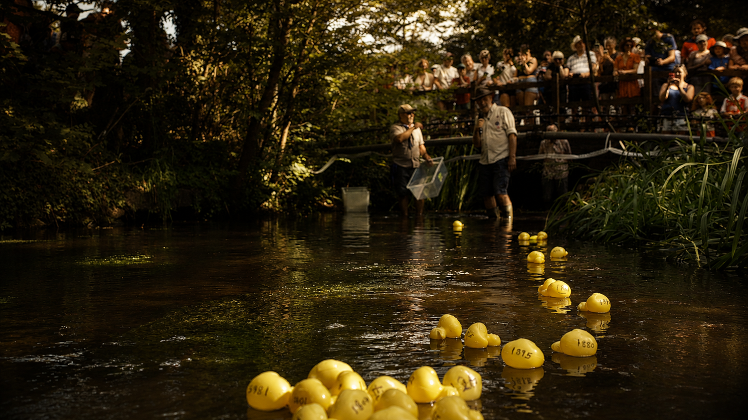 People watch yellow rubber ducks float down a calm river during an outdoor charity duck race event.
