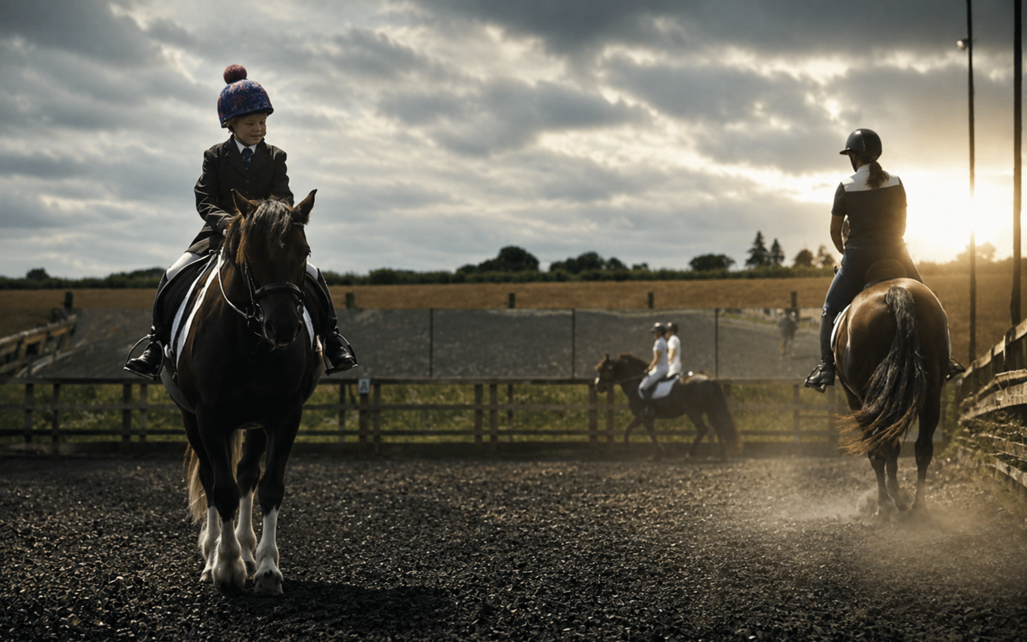 Riders on horseback training in an outdoor equestrian arena at sunset with dramatic cloudy skies.