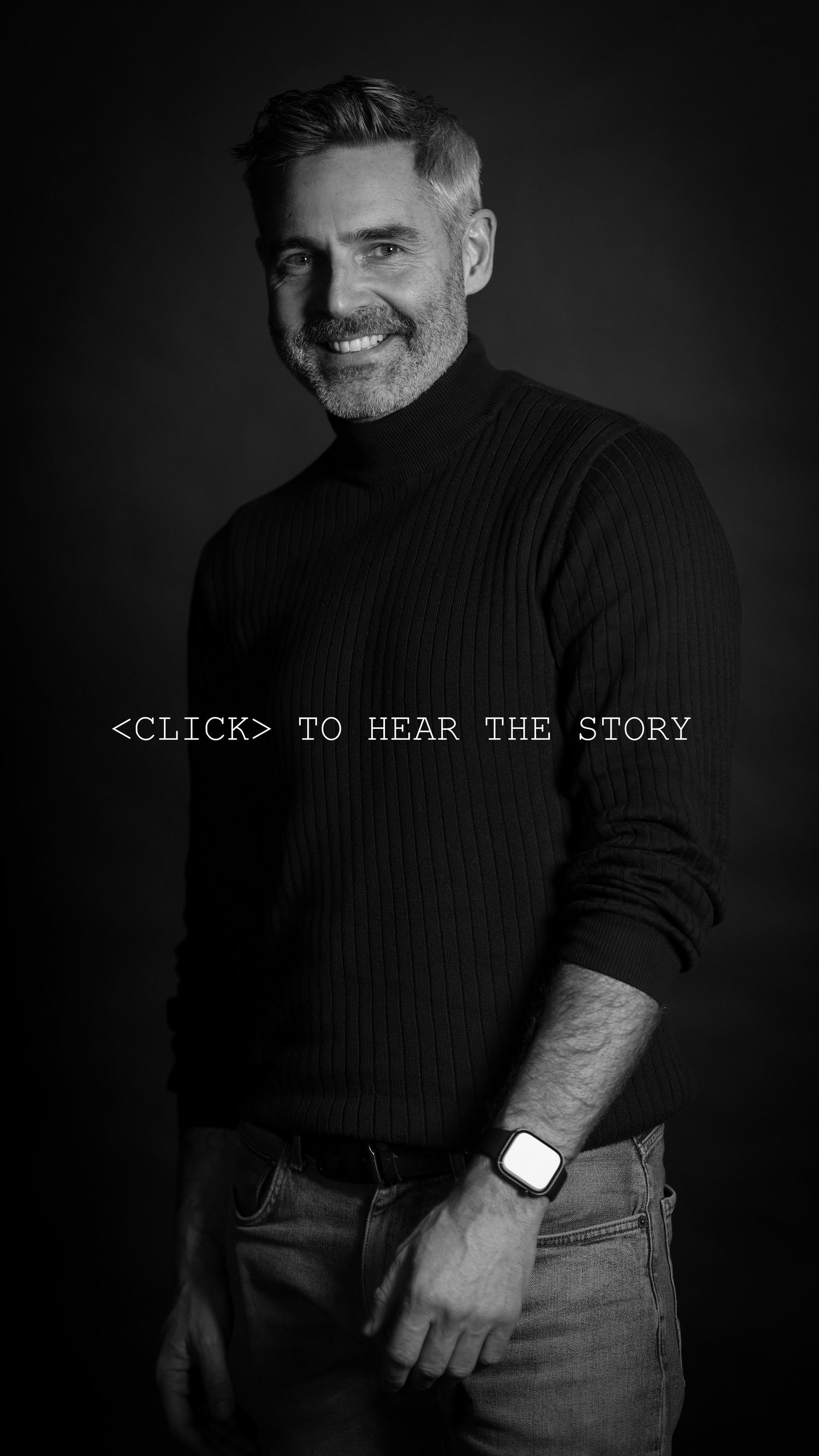 Dramatic black and white portraits show a person in a black turtleneck sweater and jeans against a dark background.