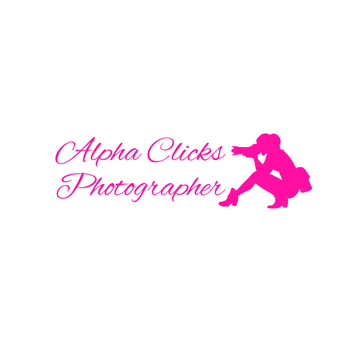 Pink logo for Alpha Clicks Photographer featuring cursive text and a silhouette of a crouching photographer with a camera.