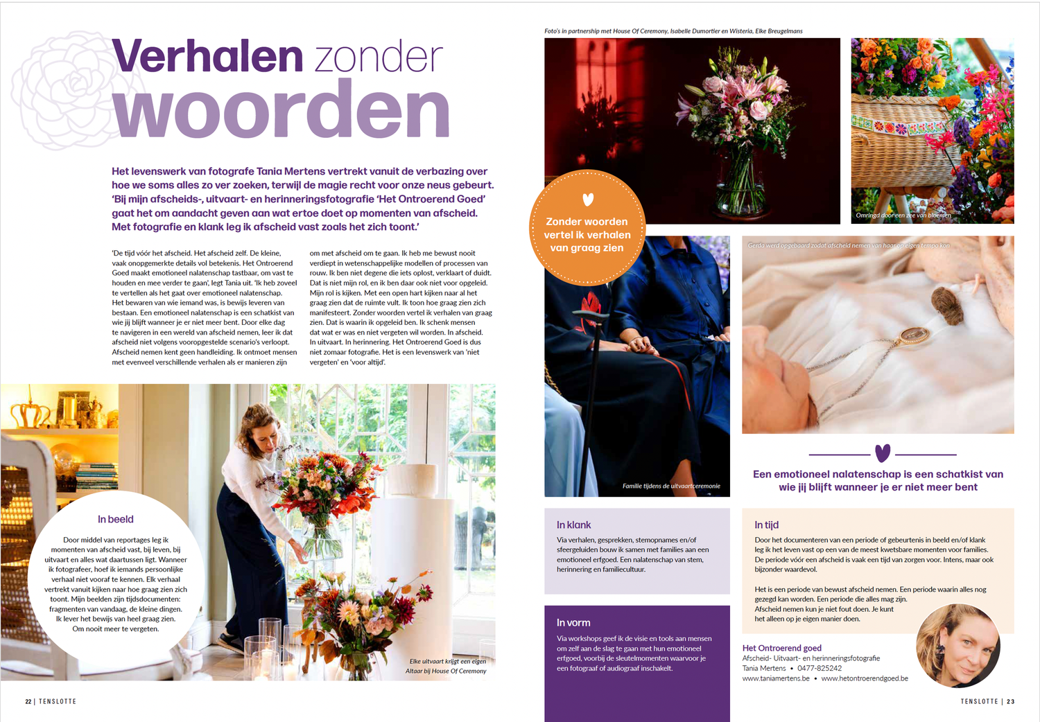 A Dutch magazine spread titled Verhalen zonder woorden featuring floral photography and lifestyle images.