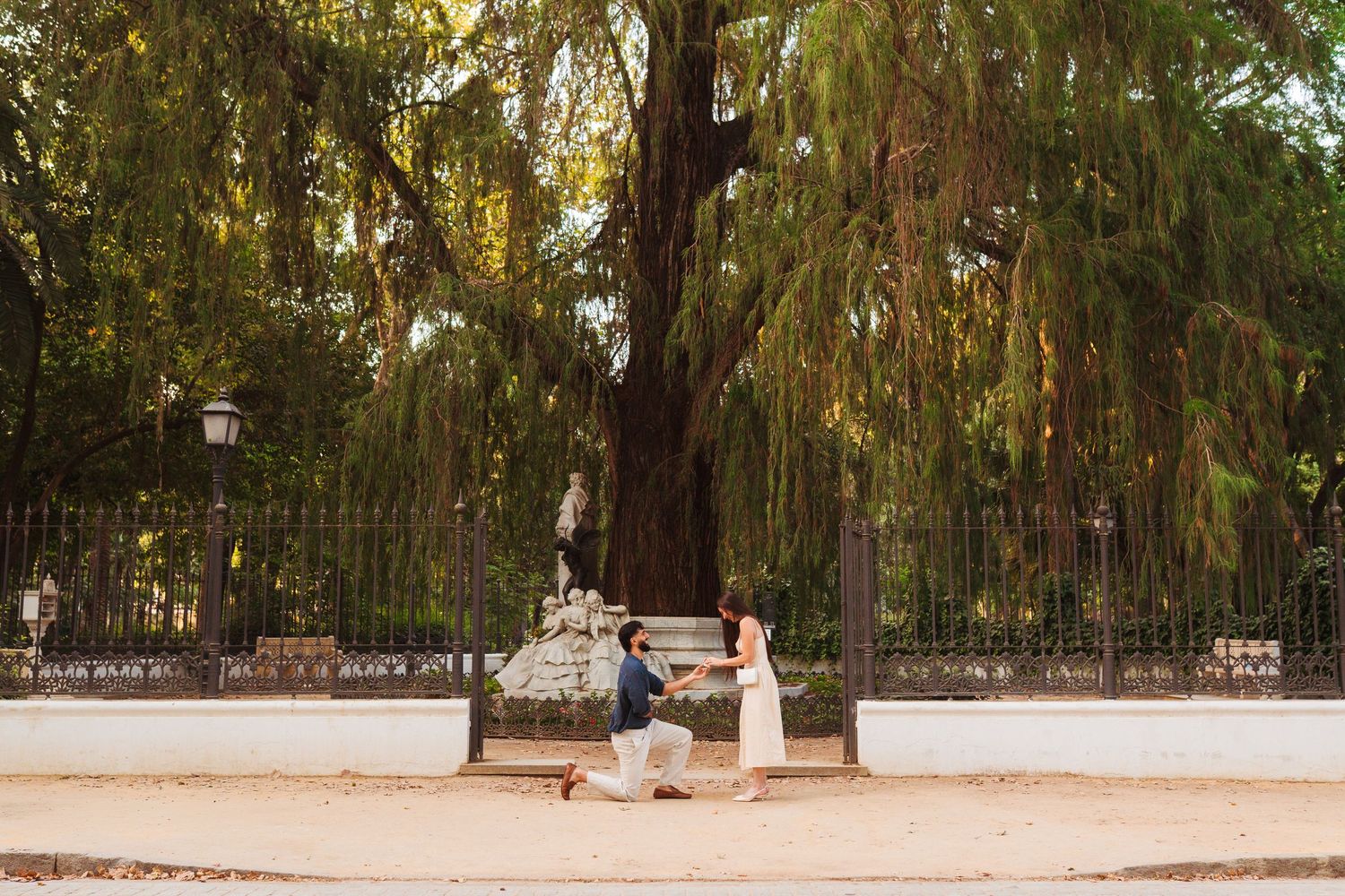Couple holding hands walking in a sunlit park with a large tree and ornate iron fence backdrop.
