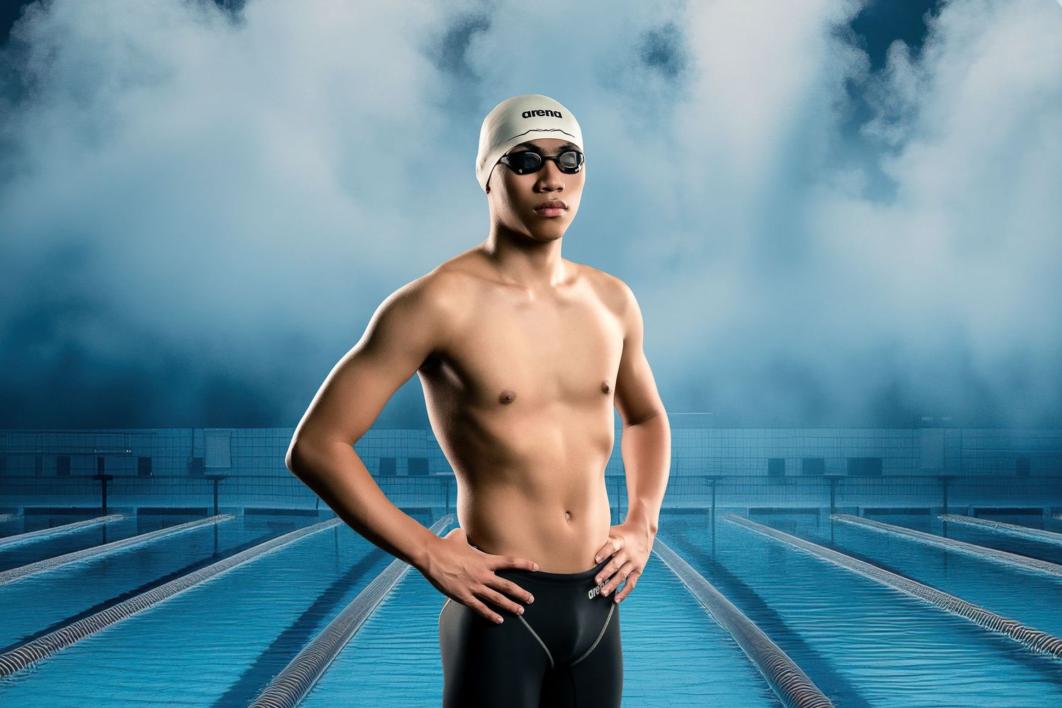 Athletic male swimmer in white cap standing at poolside in misty atmosphere.