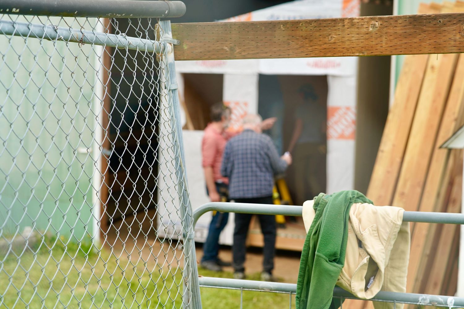 Builders working on a nonprofit tiny home project in Port Townsend, Washington