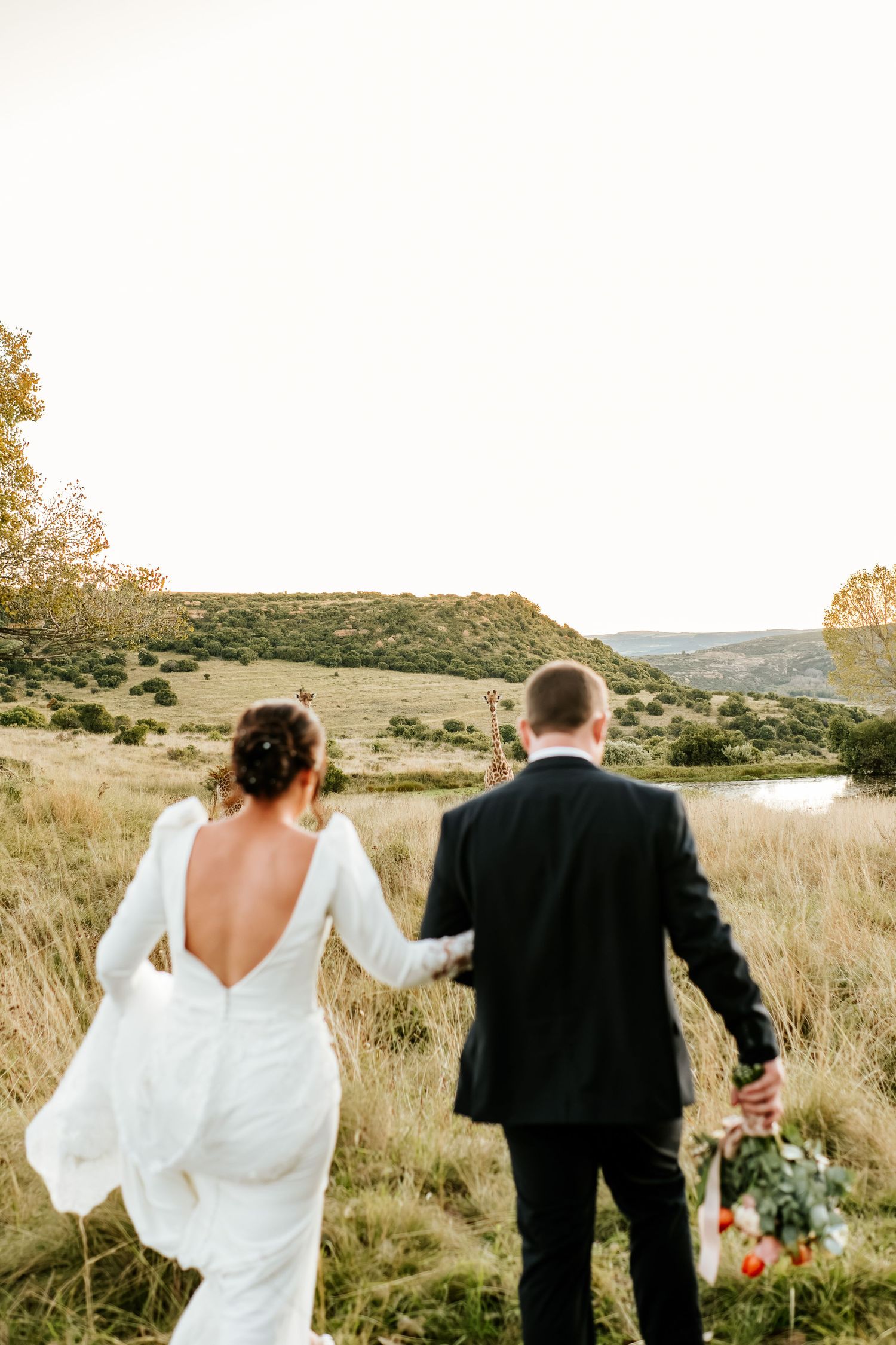 Bride and groom walk hand-in-hand through golden meadow toward scenic rolling hills.