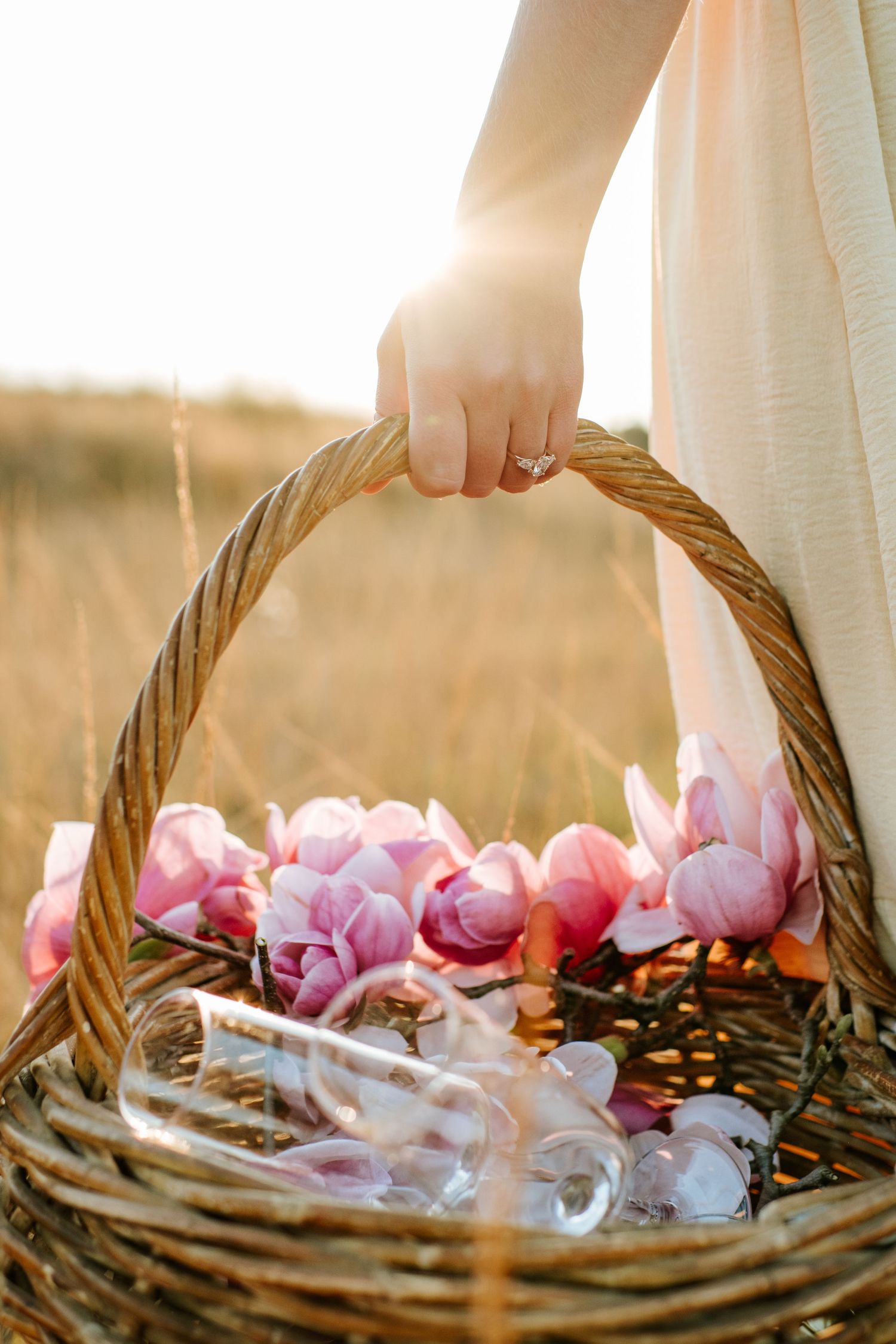 Close-up of womans hand holding wicker basket filled with pink tulips and glass bottles in sunlit field.