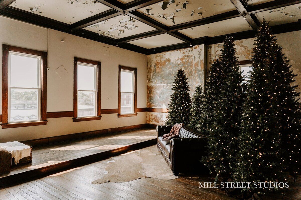Elegant room with tall decorated Christmas trees, a dark sofa, and coffered ceiling at Mill Street Studios.