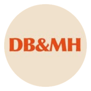 DB&MH orange bold serif text centered on a soft cream circular background.