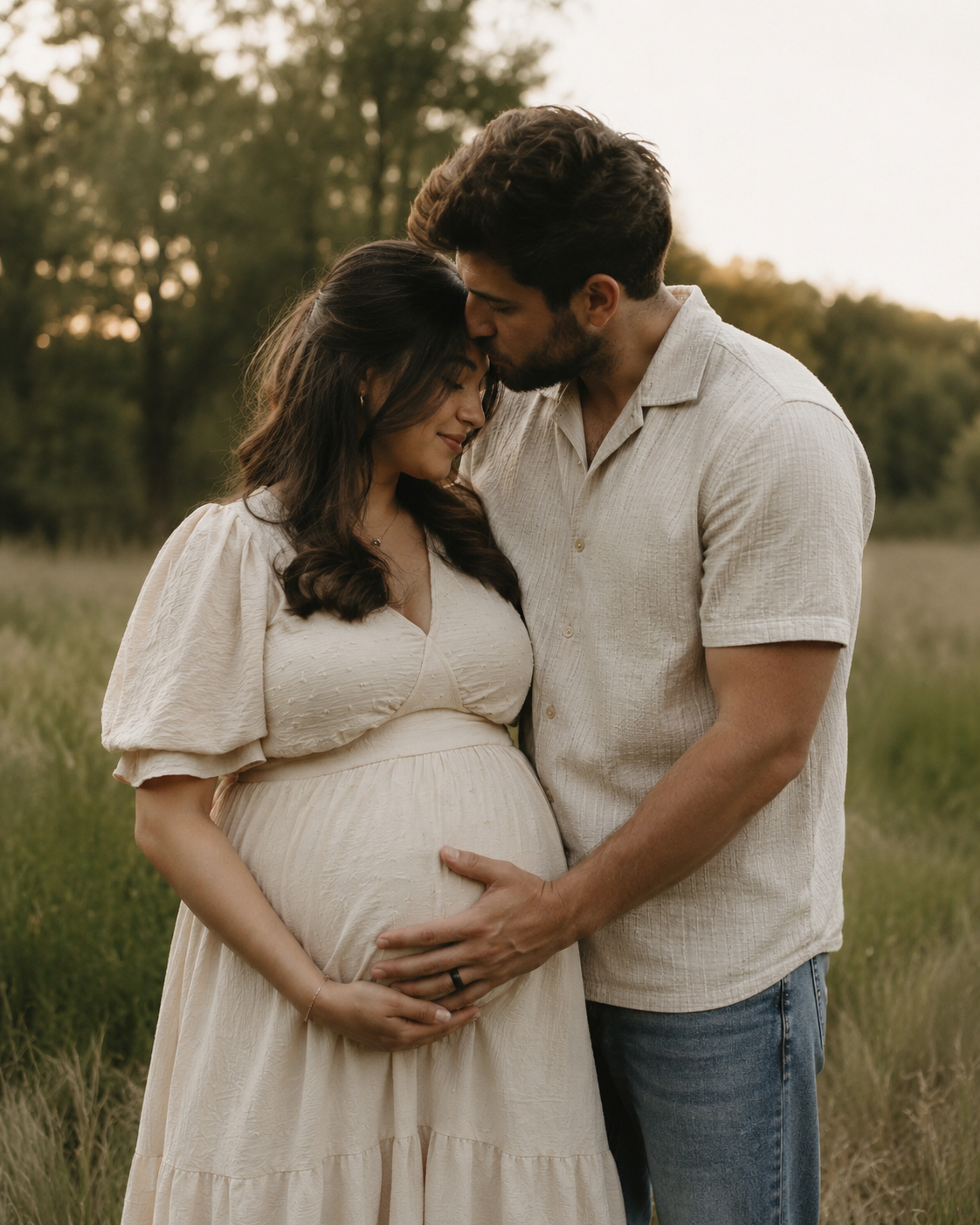 A couple in a sunlit field, woman in white maternity dress cradling her baby bump while man kisses her forehead tenderly.