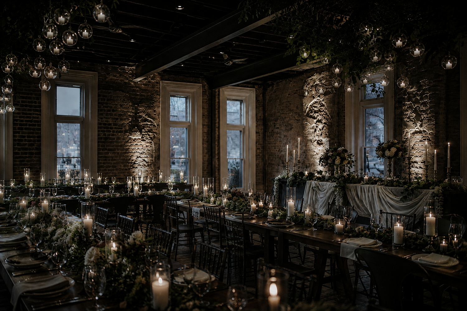 Moody wedding reception in a brick venue with candlelit tables, hanging lights, and lush greenery decor.