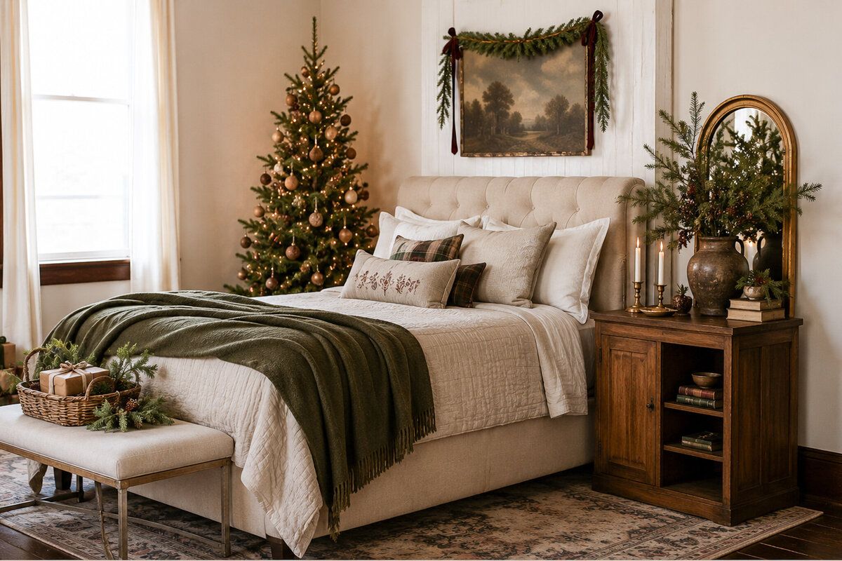 Cozy Christmas bedroom with decorated tree, green throw blanket, wooden nightstand, and holiday garland above framed wall art.
