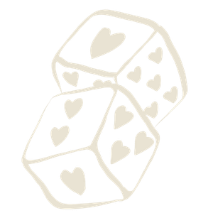A minimalist illustration of two dice decorated with heart symbols in soft beige tones.