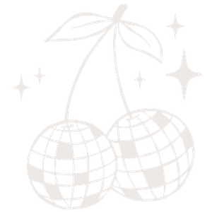 Whimsical disco ball cherry illustration with sparkle accents on a light cream background.