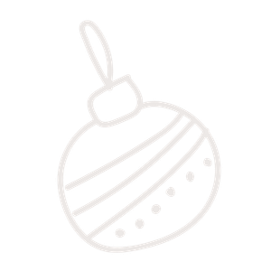 A minimalist white outline illustration of a Christmas ornament ball with decorative stripes and dots on a white background.