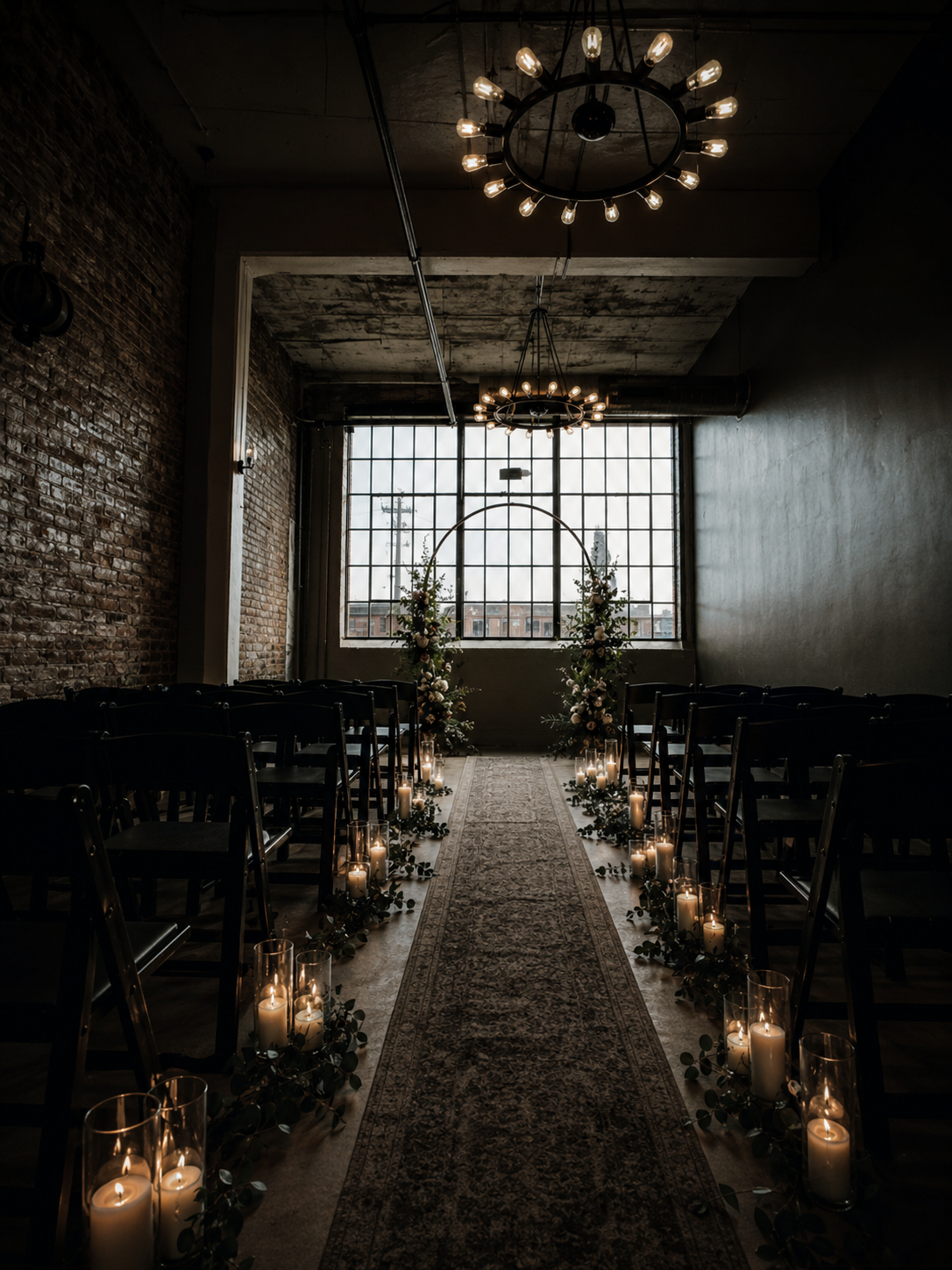Moody industrial wedding ceremony with candlelit aisle, floral arch, exposed brick, and Edison bulb chandeliers.