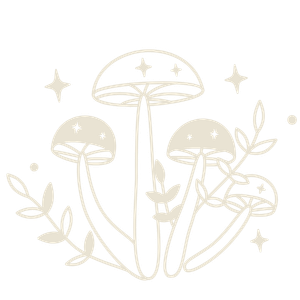 Whimsical boho line art illustration of mushrooms with sparkles and botanical elements.