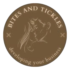 Bites and Tickles developing your business circular brown logo with couple silhouette.