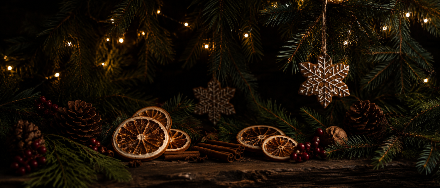 Festive Christmas arrangement with dried orange slices, cinnamon sticks, pine cones, and snowflake ornaments under warm fairy lights.