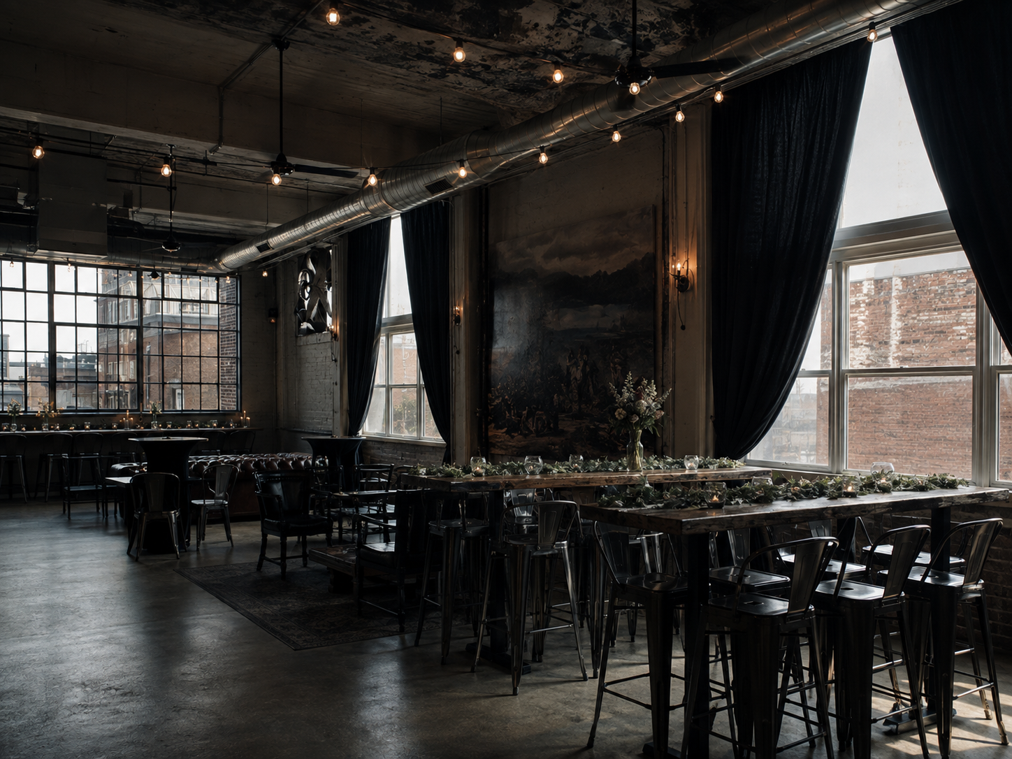Dark industrial event venue with string lights, long dining tables, black chairs, and dramatic curtains by large windows.