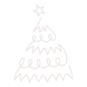 White outline drawing of a Christmas tree with curly branches, star topper, on white background.