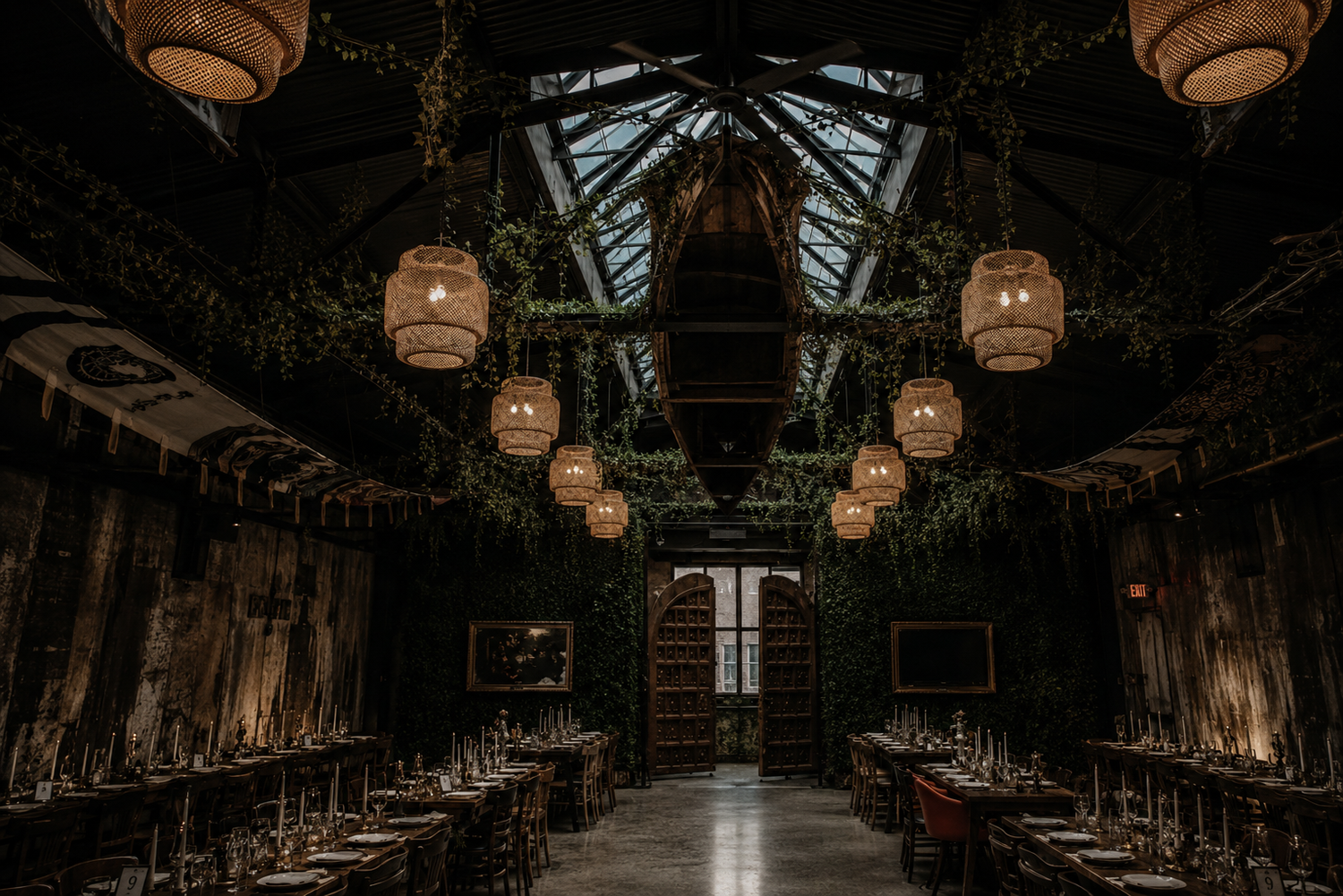 Elegant dark wedding venue with hanging lanterns, lush greenery walls, and long dining tables under a skylight.