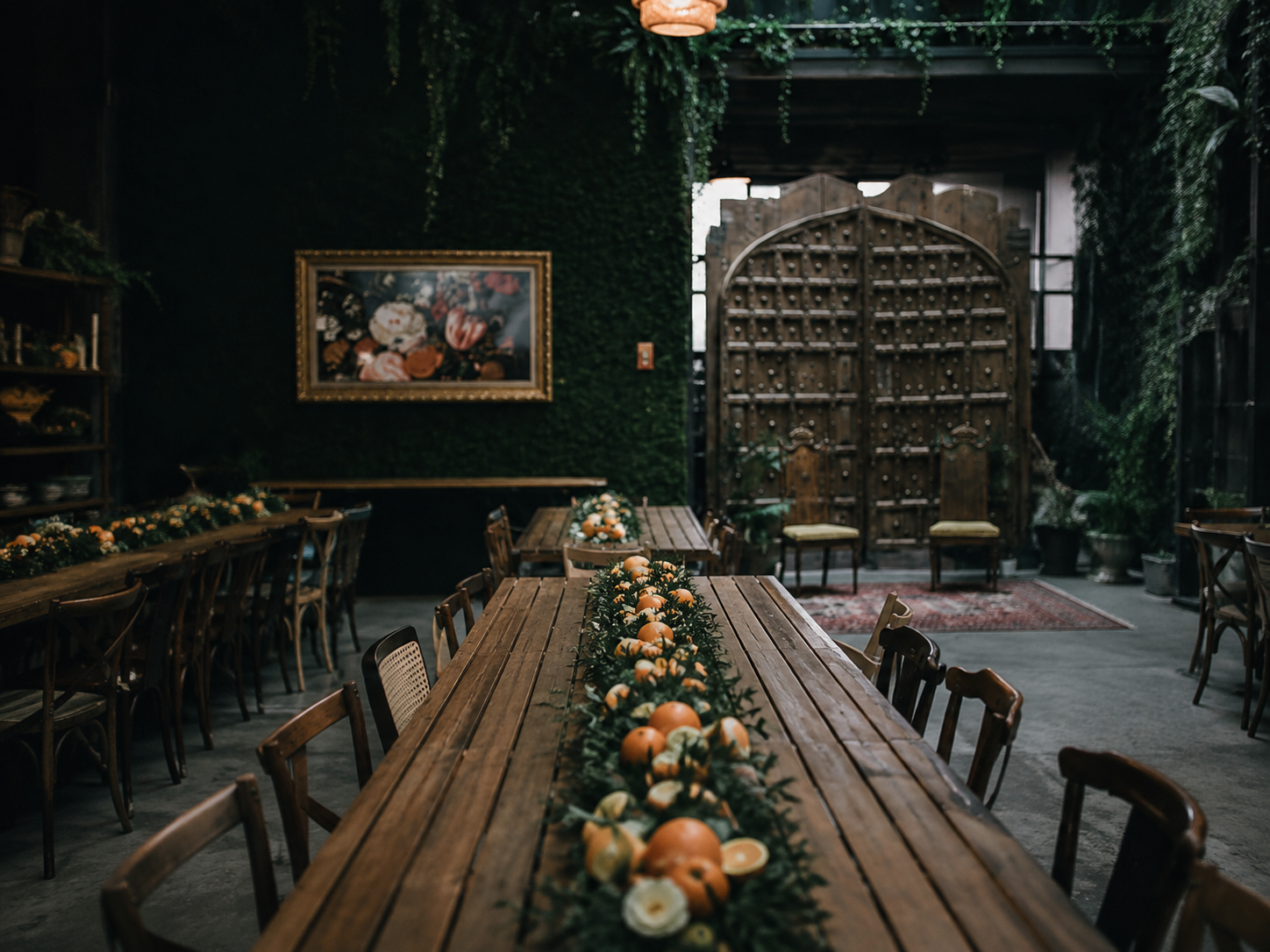 Rustic wooden dining table with floral garland centerpiece in a dark, ivy-covered event venue with ornate decor.