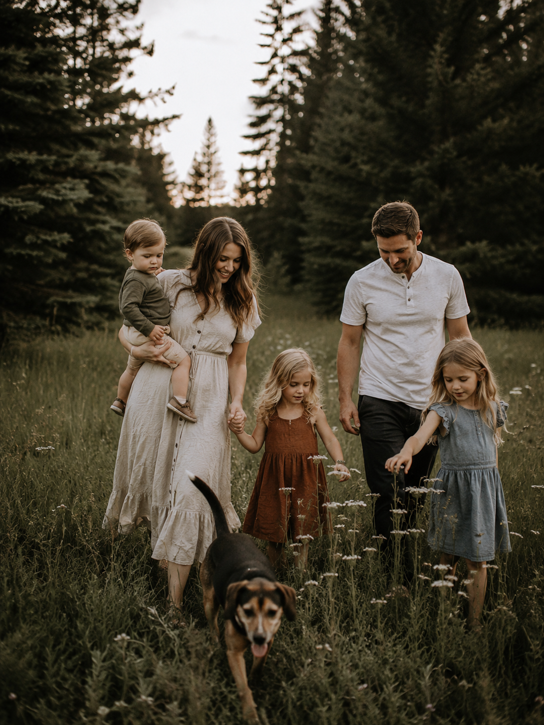 Family of five with a dog walking through a wildflower meadow surrounded by tall pine trees at dusk.