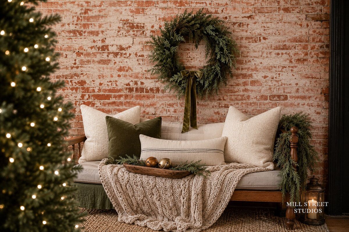 Cozy Christmas living room with a wreath on brick wall, green pillows, knit throw, and decorated tree.
