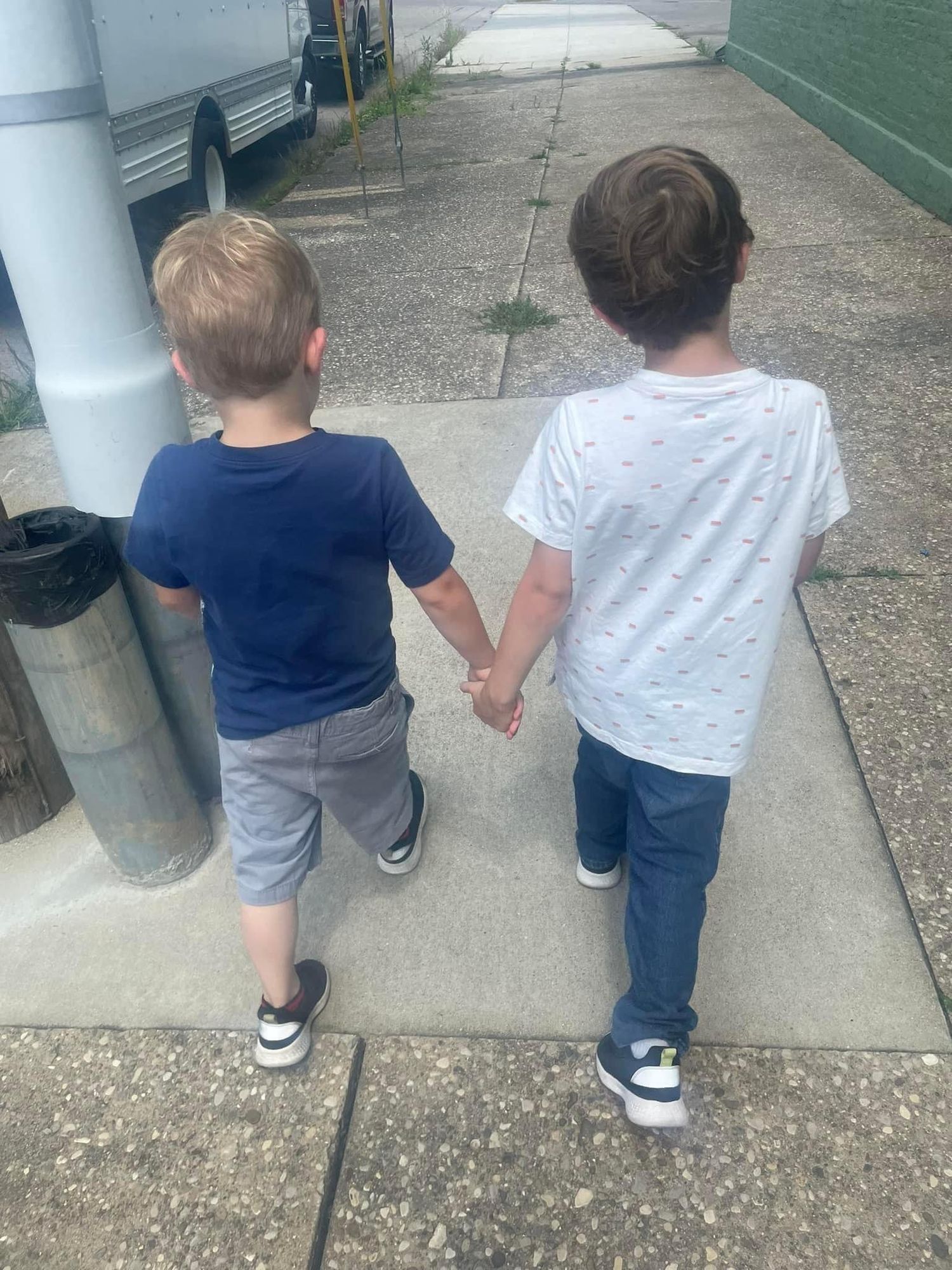 Two young boys holding hands while walking together on a sidewalk from behind.