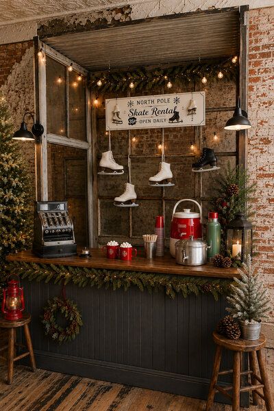 Festive North Pole Skate Rental bar display with hanging ice skates, string lights, greenery, and hot cocoa station.