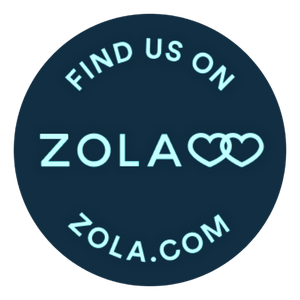 Find us on Zola.com wedding registry round badge in navy and teal colors.