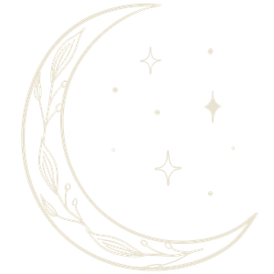 Elegant crescent moon illustration with botanical leaf details and sparkling stars in cream tones.