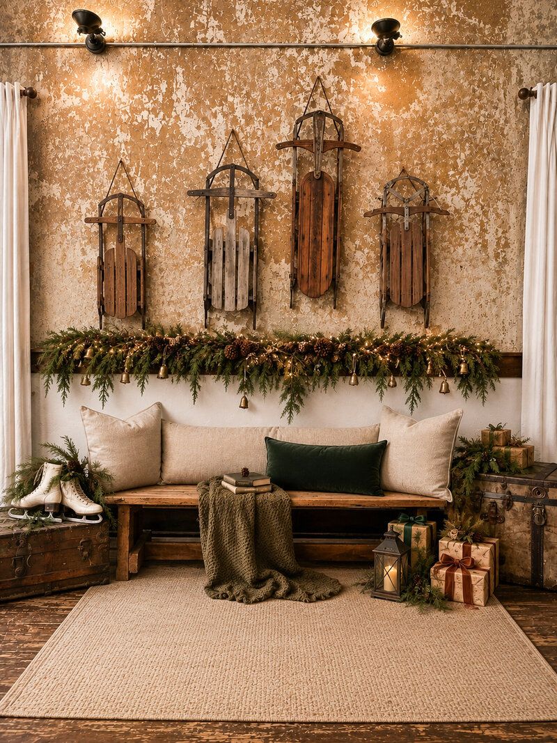 Rustic Christmas vignette with vintage wooden sleds, evergreen garland, cozy bench, lanterns, and wrapped gifts on a warm textured wall.