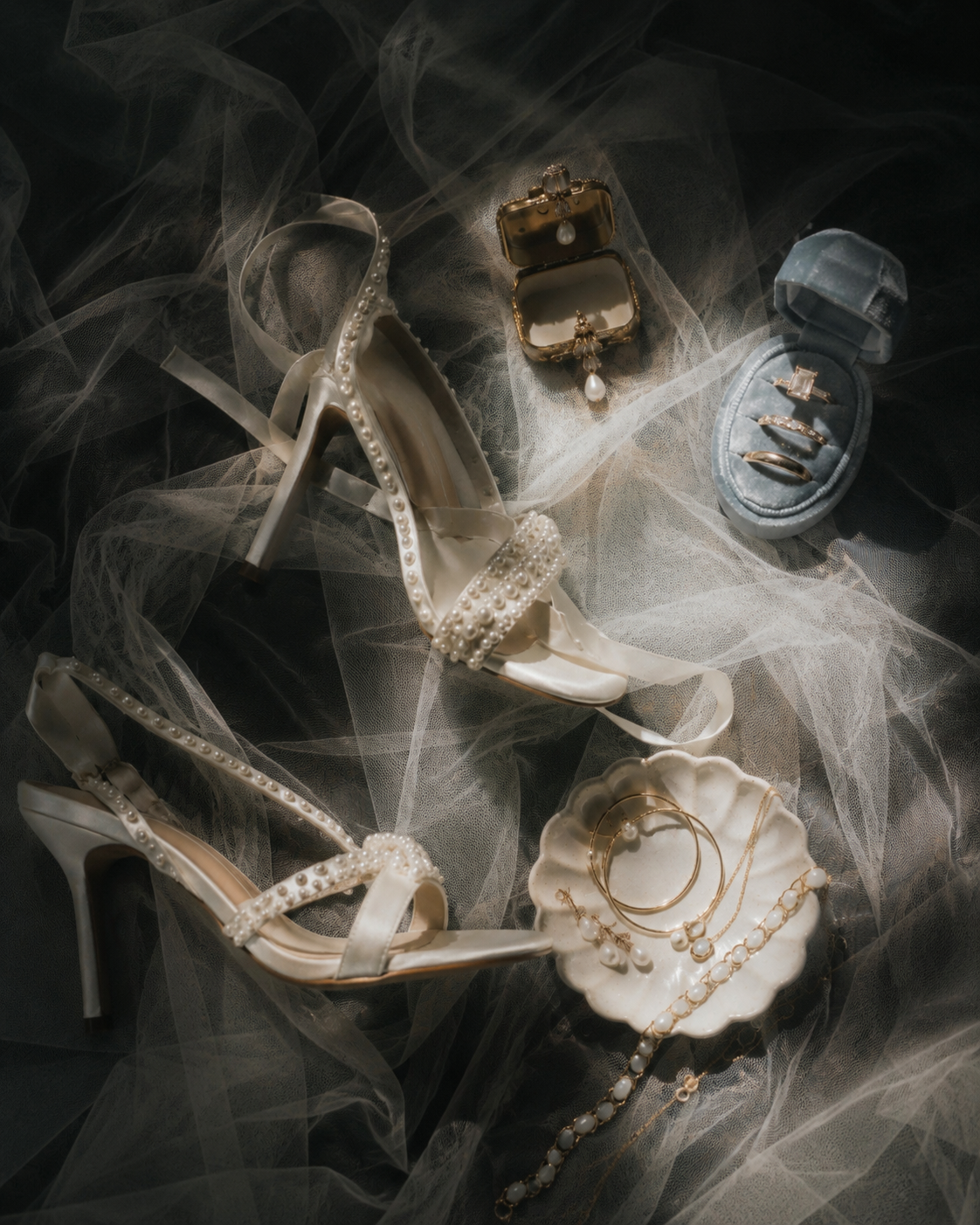 Elegant bridal flat lay with pearl-embellished heels, gold jewelry, and ring boxes on sheer white tulle fabric.