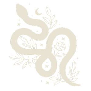 Minimalist boho line art illustration of a snake with floral and moon elements.