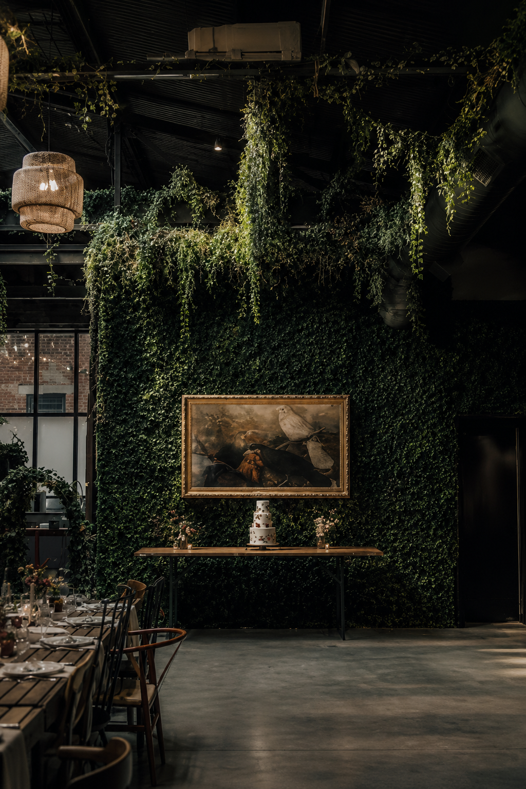 Lush green ivy wall with a framed painting and wedding cake on a wooden table in an elegant industrial venue.