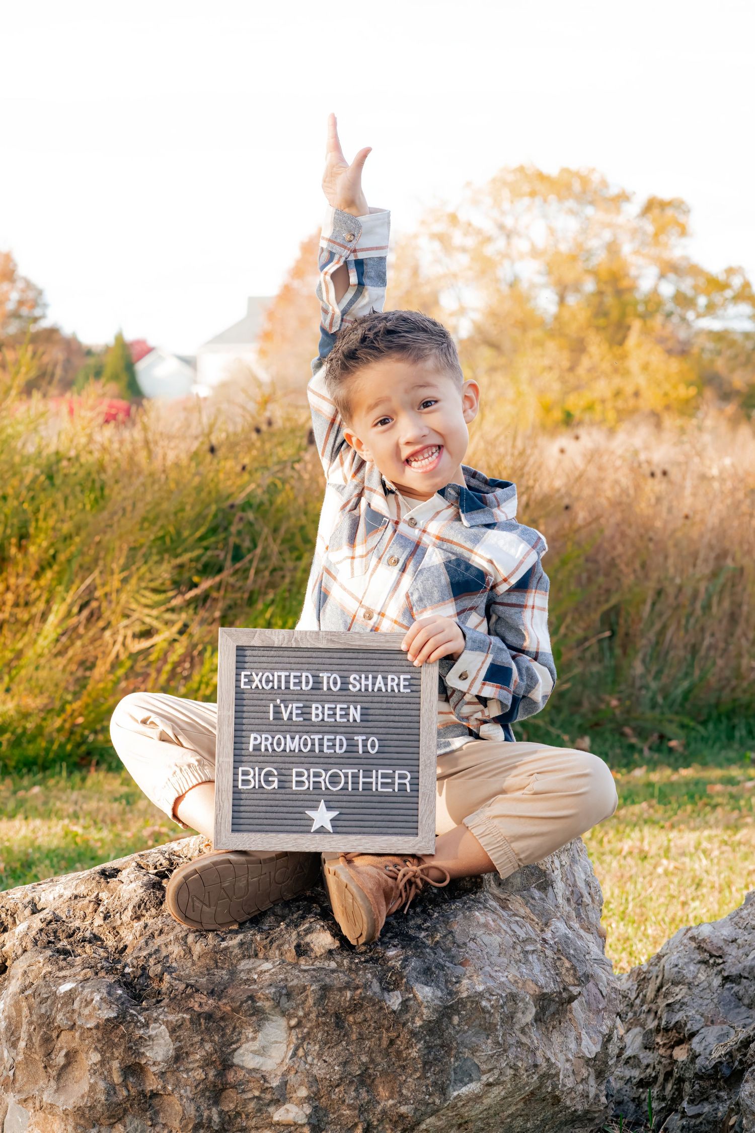 Excited boy sitting on rock holding sign reading promoted to Big Brother in autumn field.