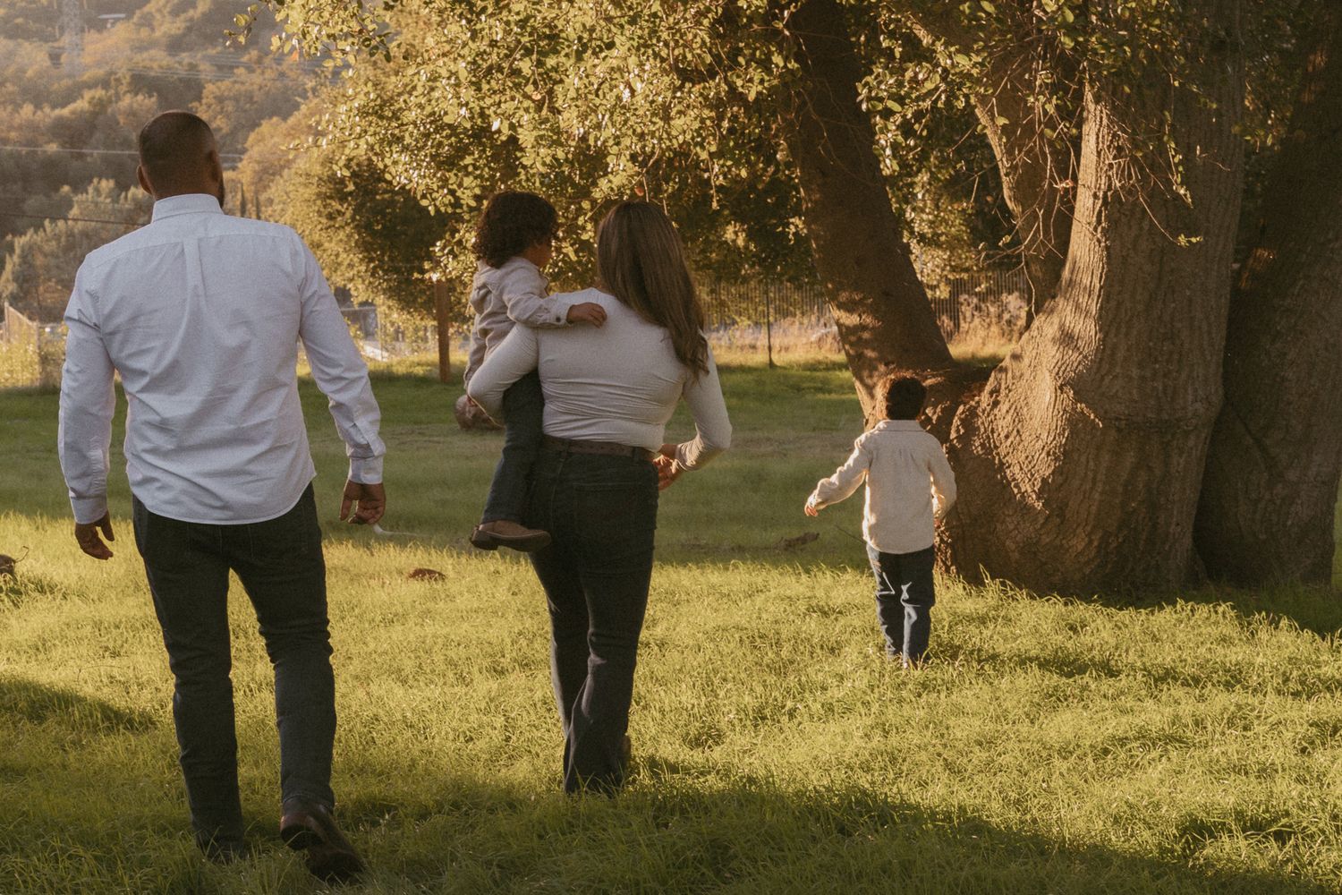 Family walking together in a sunlit green meadow near a large tree.