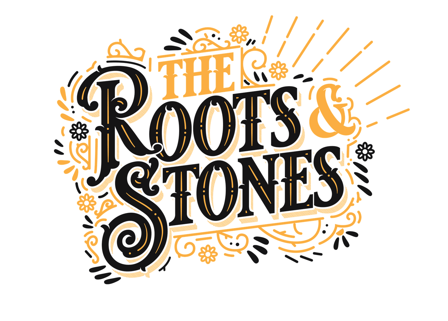 The Roots and Stones decorative logo with vintage typography and floral ornamental design.