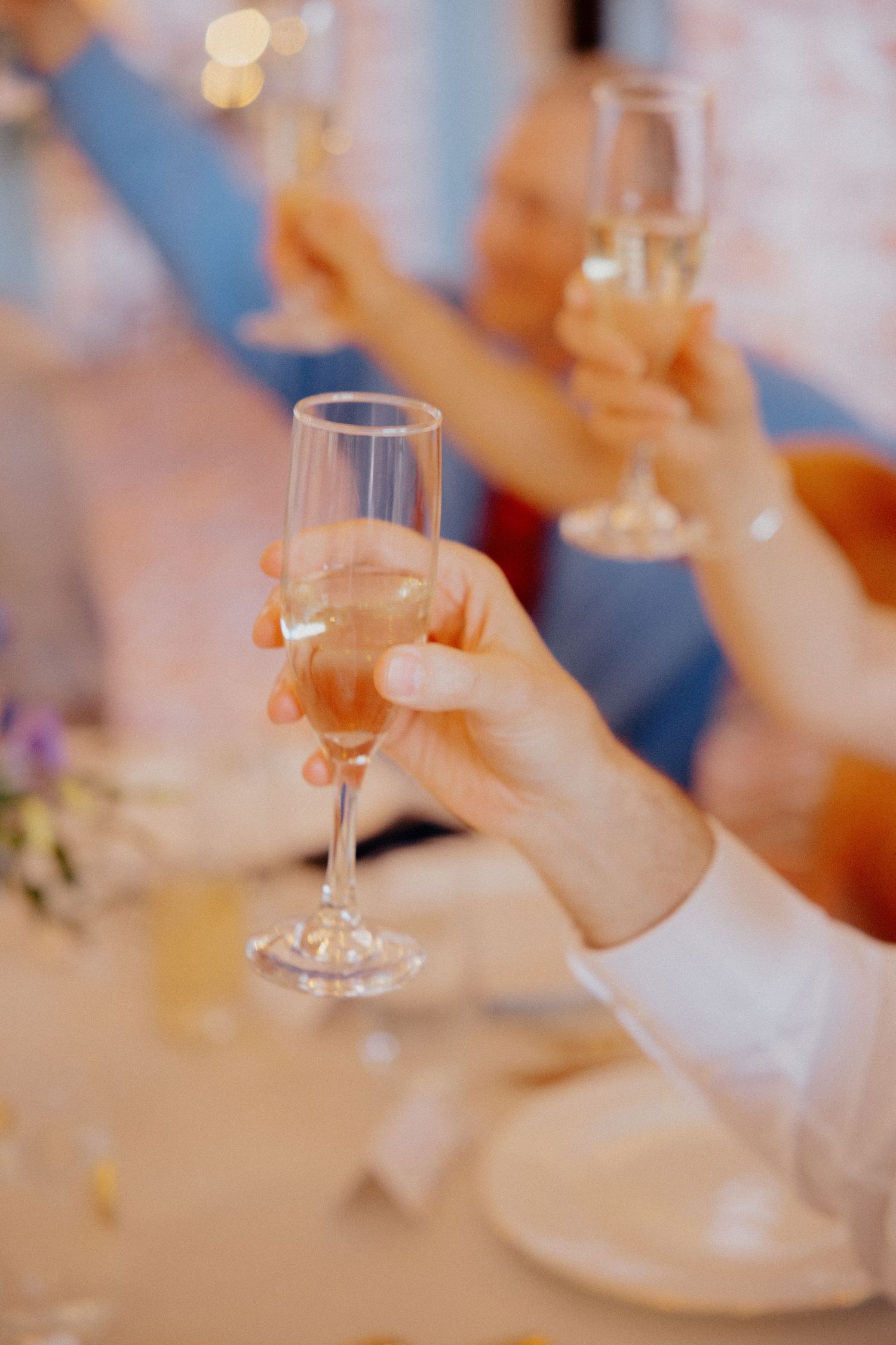 Wedding guests raise champagne glasses for a celebratory toast at an elegant reception at casa feliz