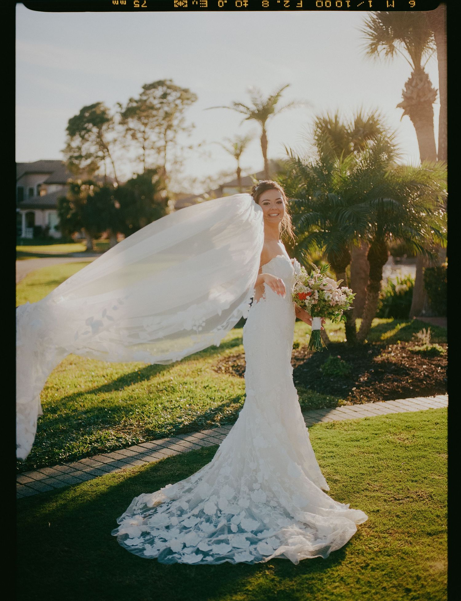 Bride in a floral lace mermaid gown with flowing cathedral veil blowing in the wind at golden hour.
