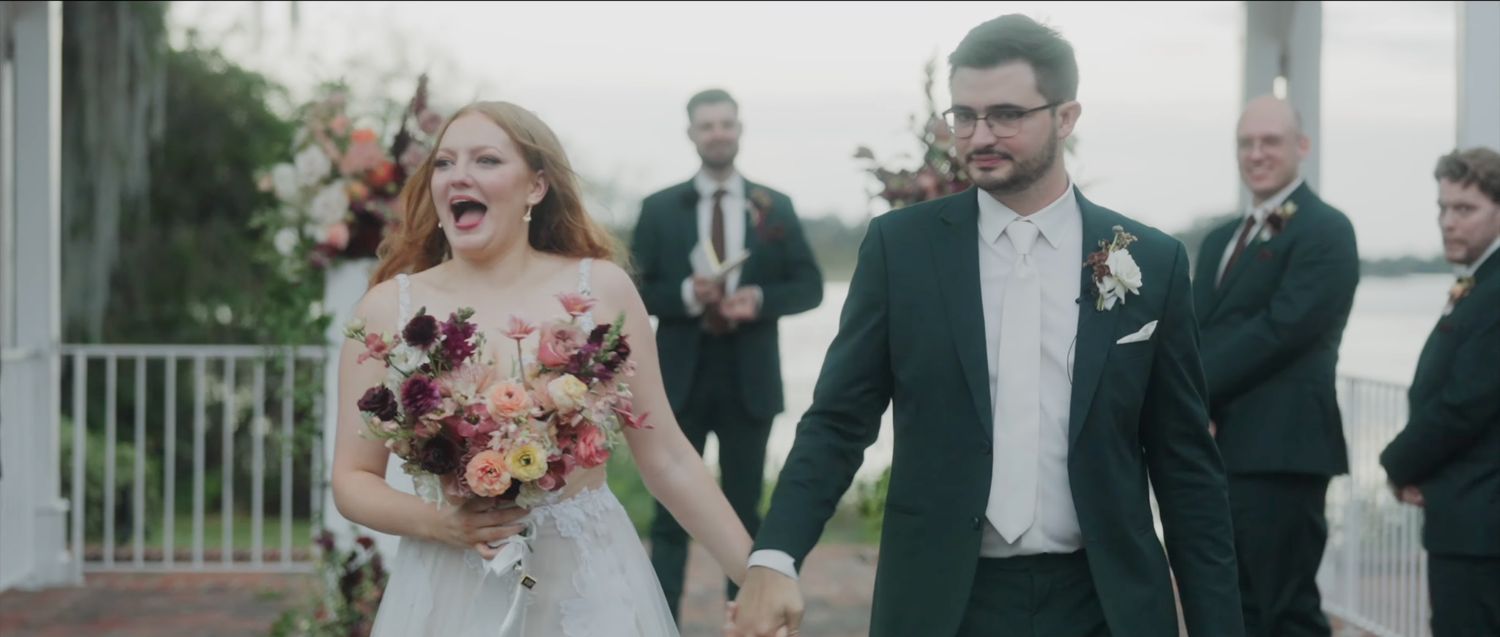 A joyful wedding celebration montage showing candid moments between couples and guests during outdoor ceremonies.