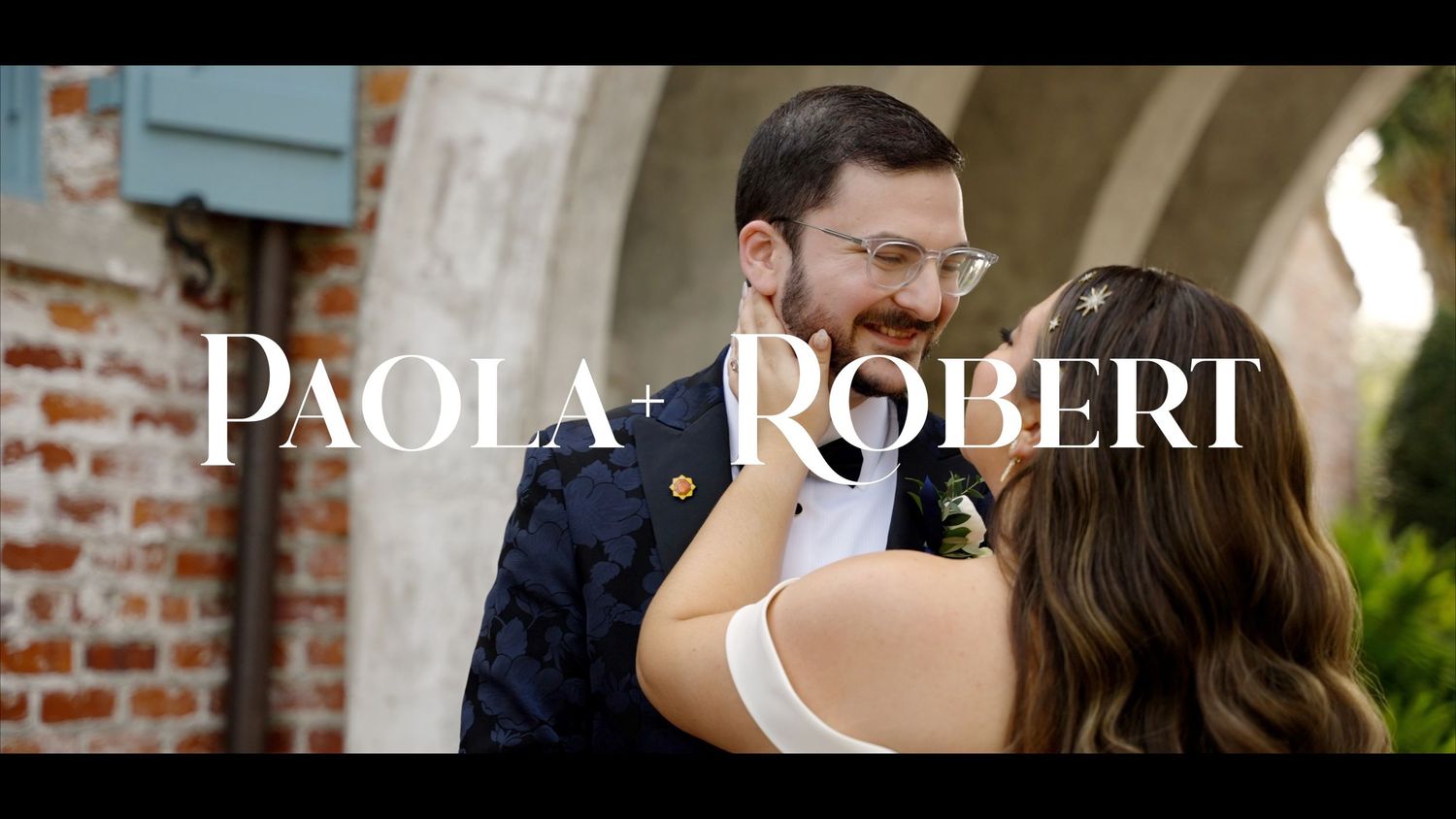 Wedding couple title card design with elegant typography overlay.