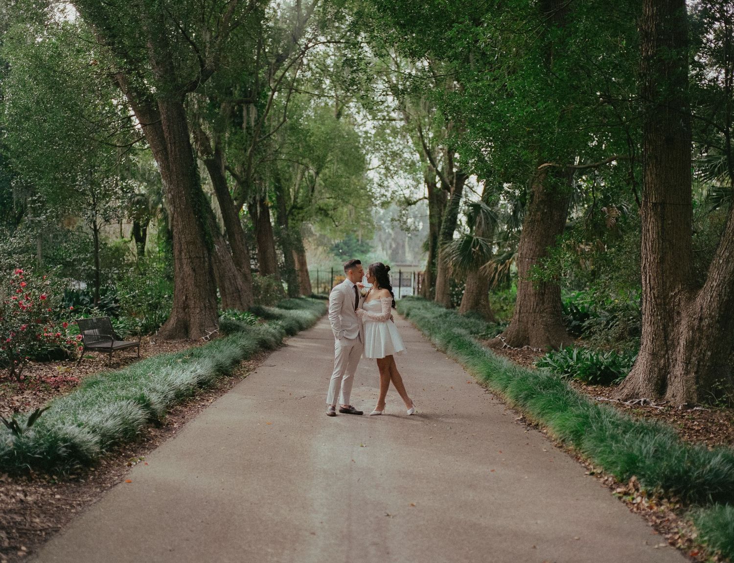 Two people walk along a tree-lined path surrounded by lush green foliage in a romantic outdoor setting.