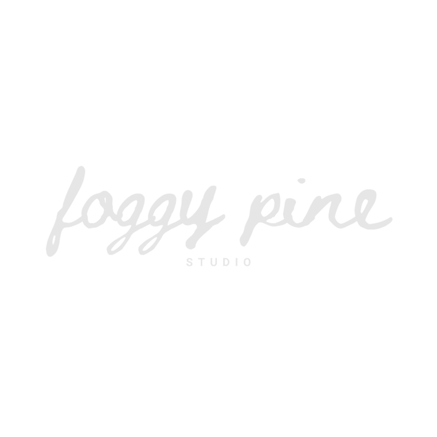 Foggy Pine Studio logo in light gray script font on white background.
