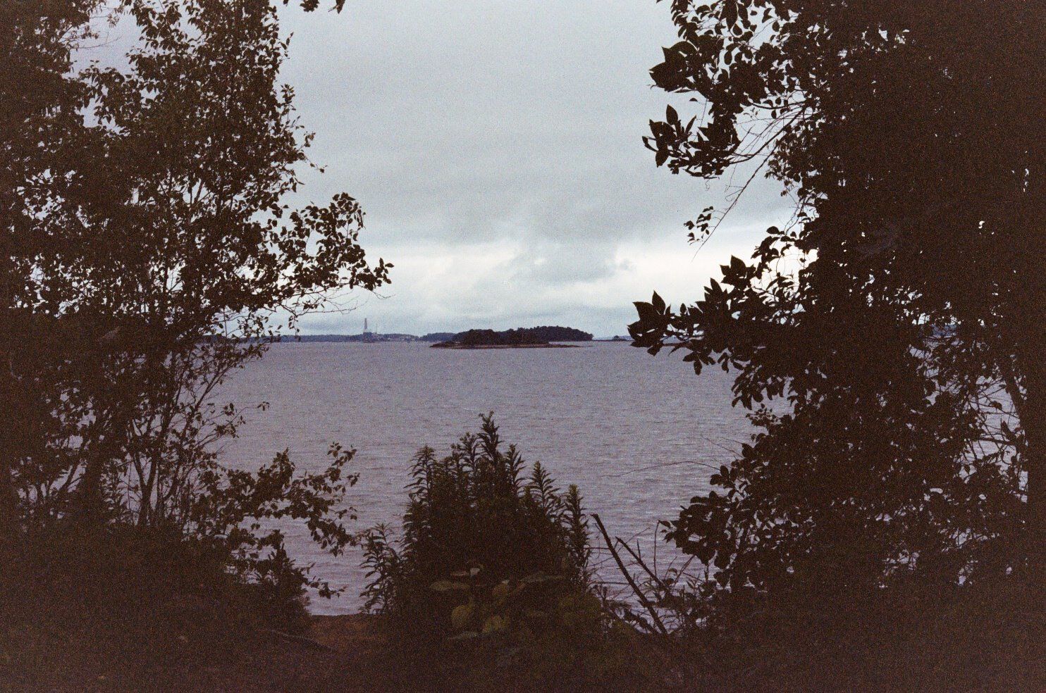 A moody view of a calm lake with small islands framed by dark overhanging trees.