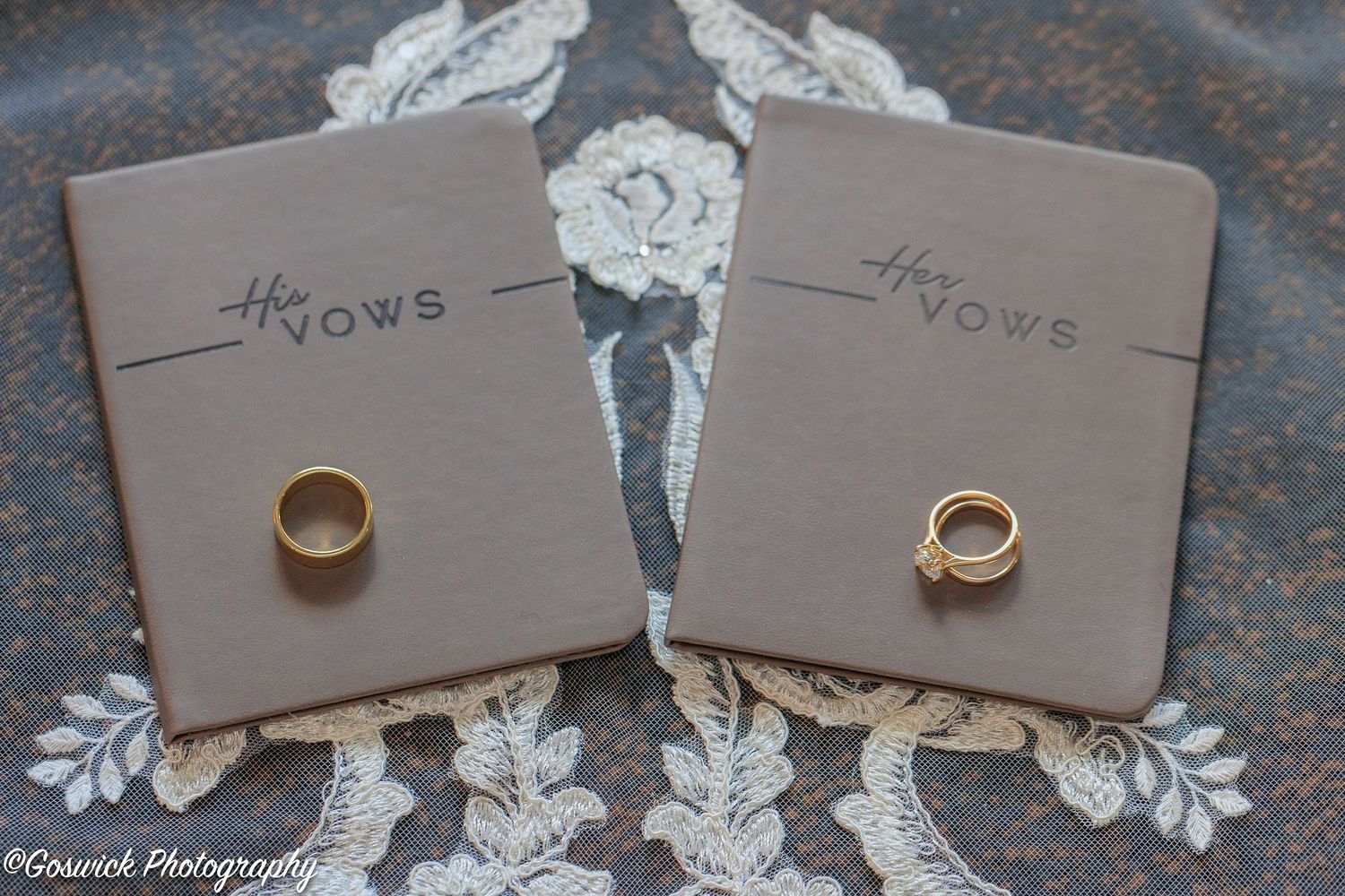 Two gold wedding bands resting on matching vow books on lace fabric.