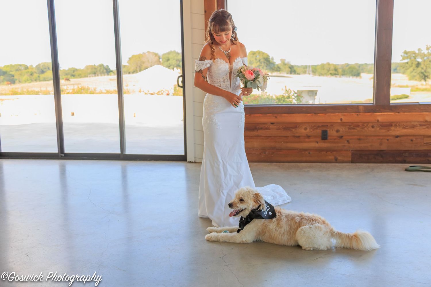 Bride in white lace mermaid gown holds bouquet while golden retriever in bow tie rests on concrete floor.