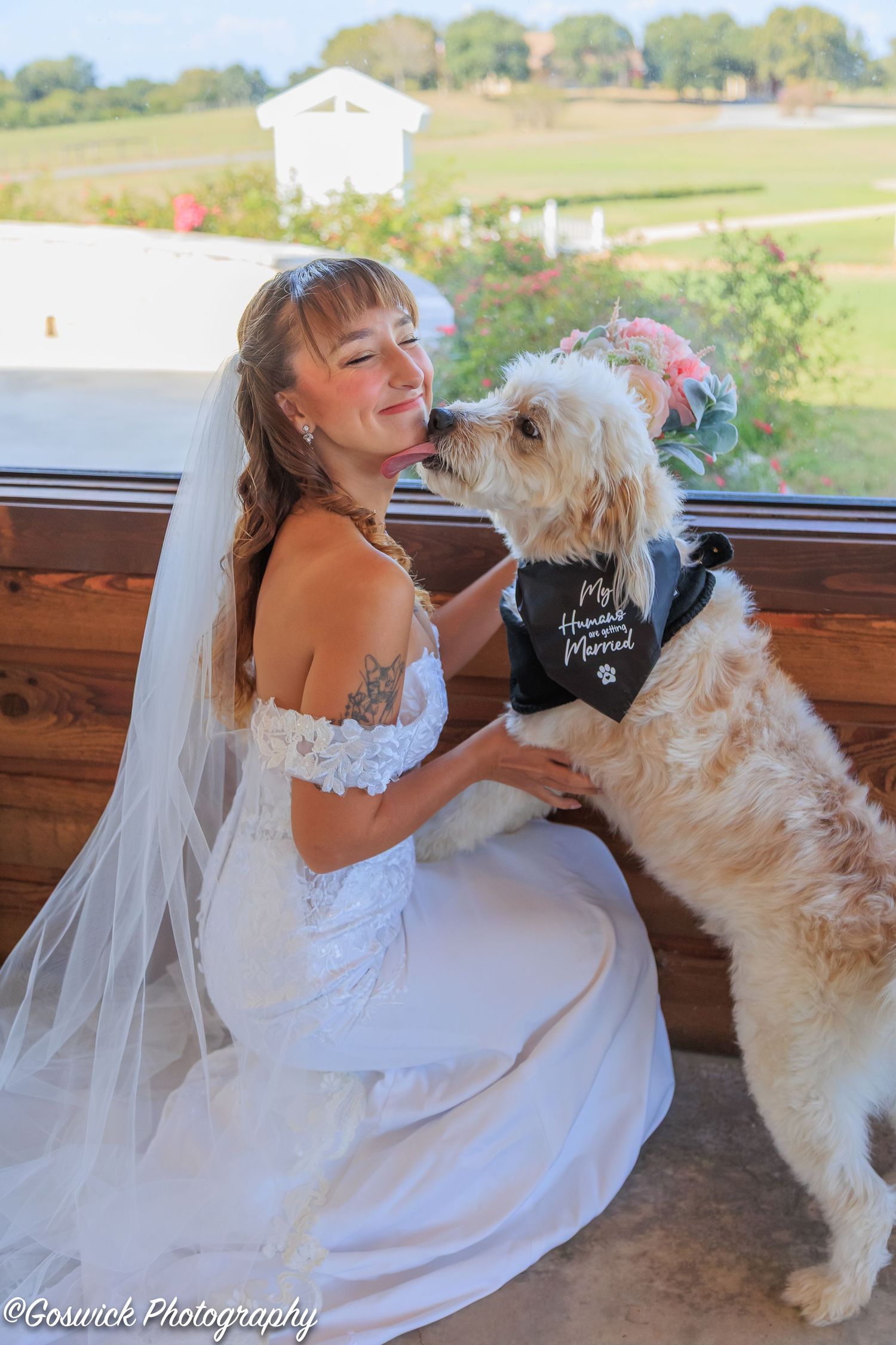 Bride in lace off-shoulder gown smiling as her fluffy dog wearing a bandana gives her a kiss.